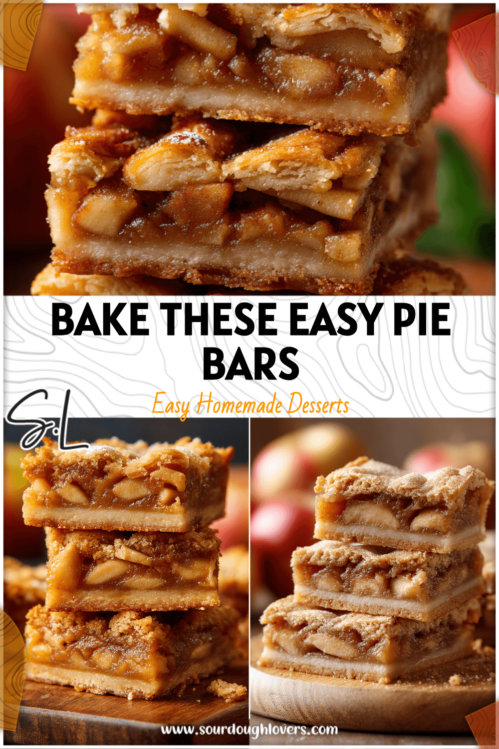 Square slices of Apple Pie Bars with flaky crust and apple filling stacked on a wooden board. 2026